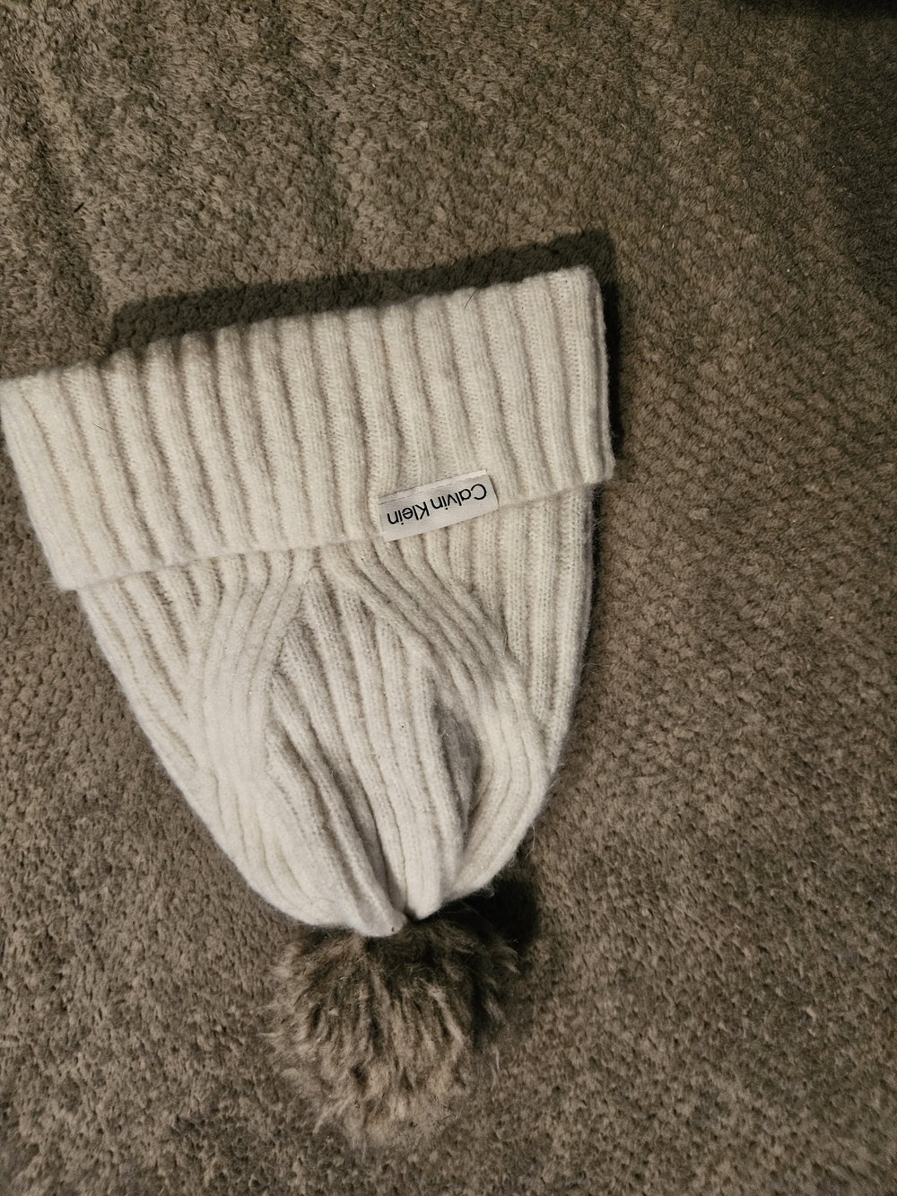 Calvin Klein Kids Off-White Ribbed Knit Beanie with Pom